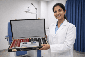 Ophthalmologist examining trial lenses set