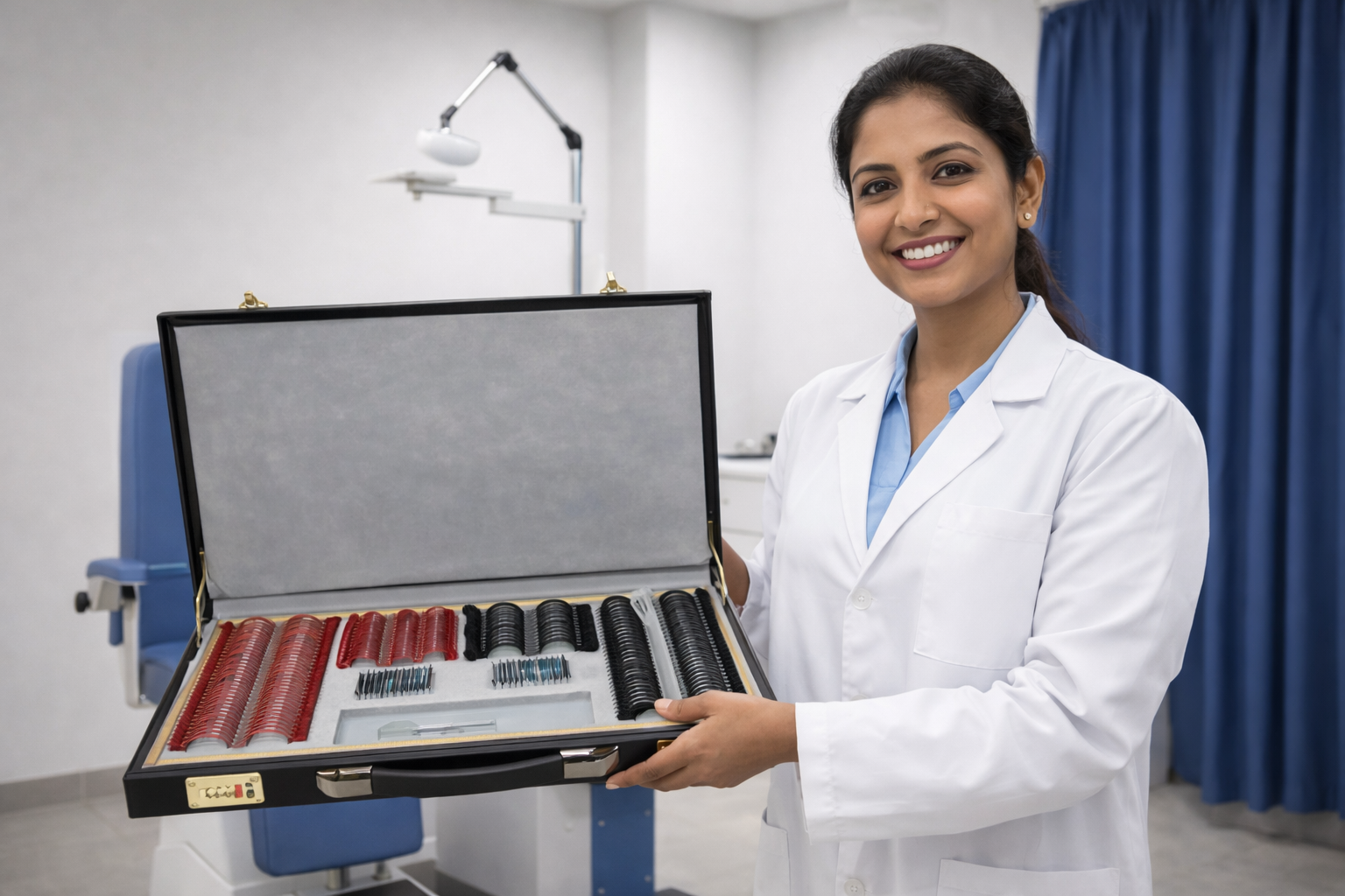Ophthalmologist examining trial lenses set